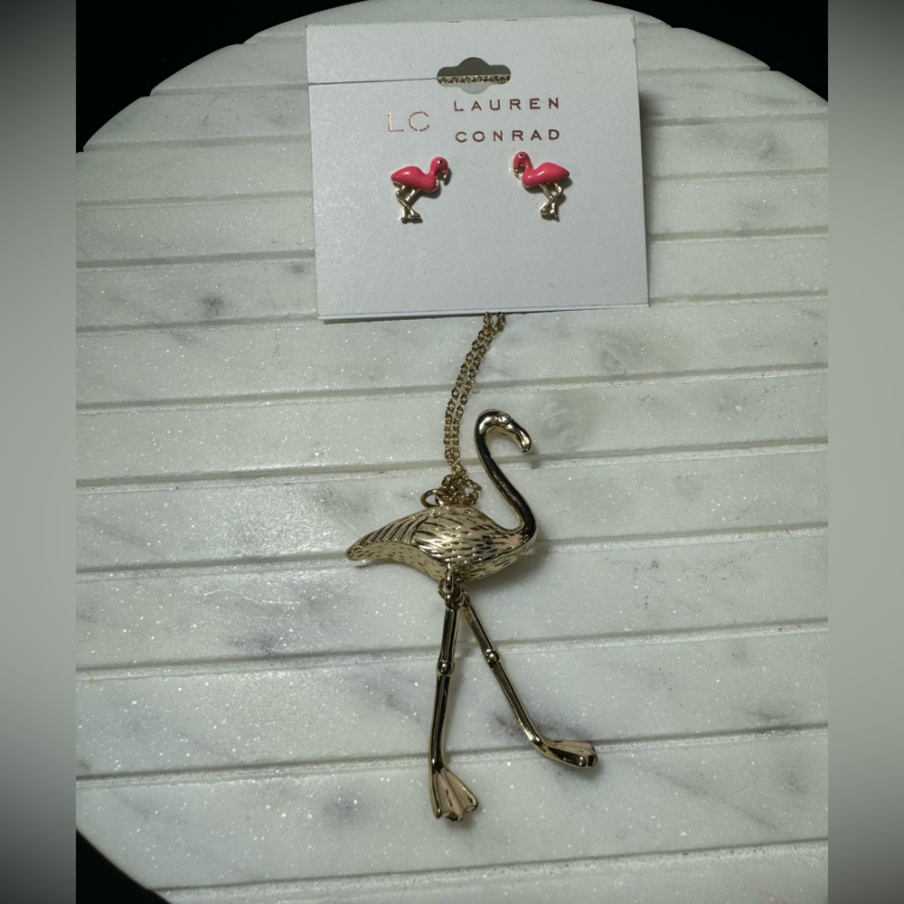Flamingo Stud Earring and Long Necklace Gold Tone Tropical Florida Island Beach